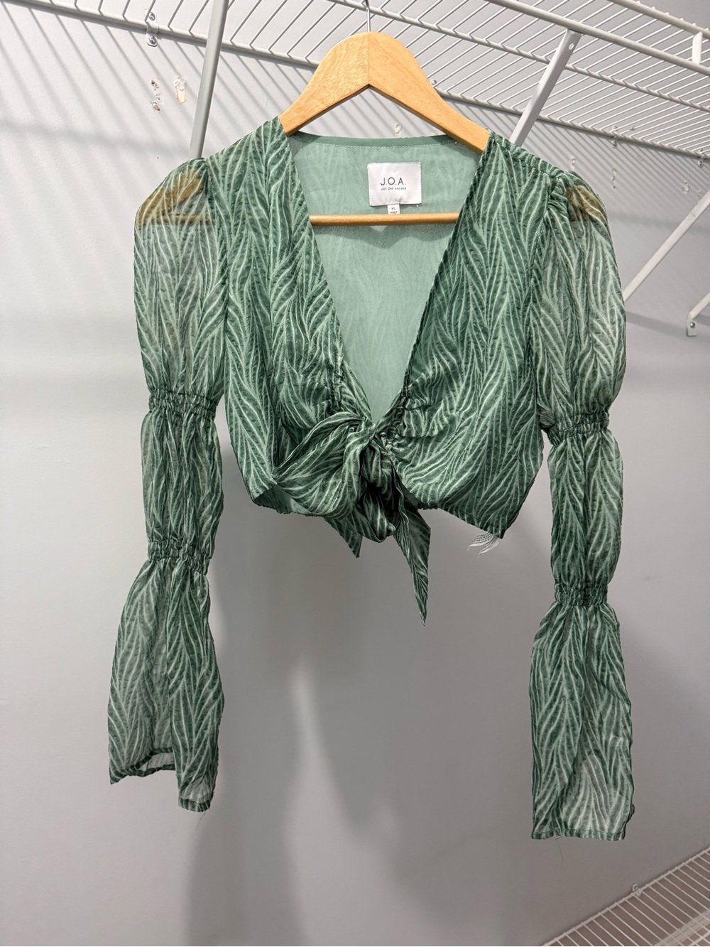 J.O.A. Sage Green Tie-Front Going Ouy Top Textured Flare Sleeve Size XS